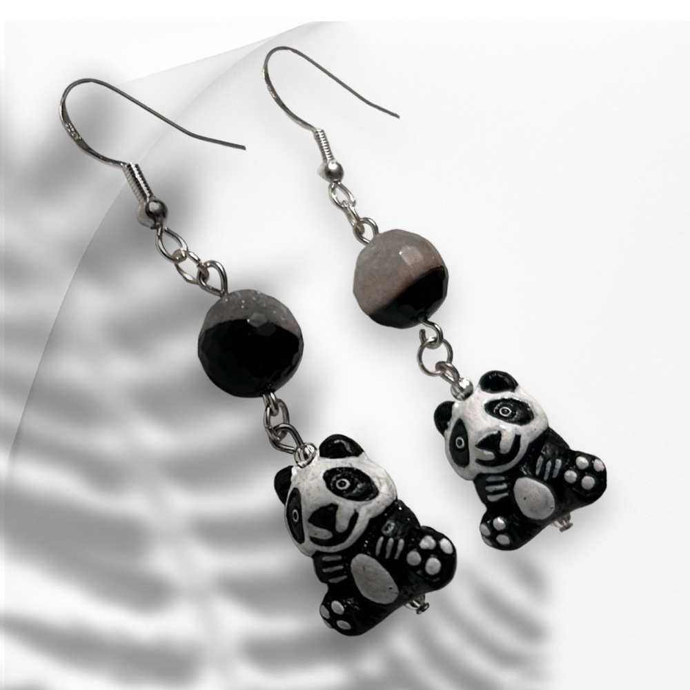 Handmade Earrings Panda Bear Onyx Quartz Dangle Pierced Whimsical Animals - Picture 2 of 7